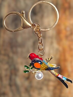 Colorful Gold-Tone Bird Keychain Charm with Red, Blue & Green Enamel